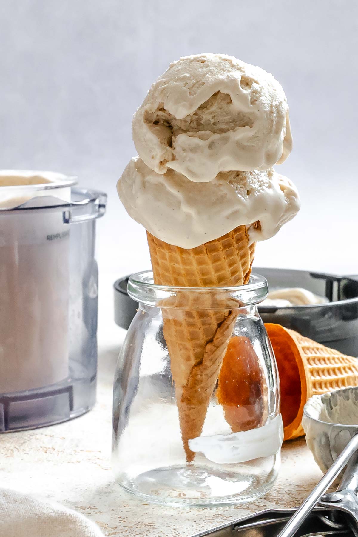 Completed Vegan Vanilla Ice Cream (Ninja Creami) in a waffle cone.