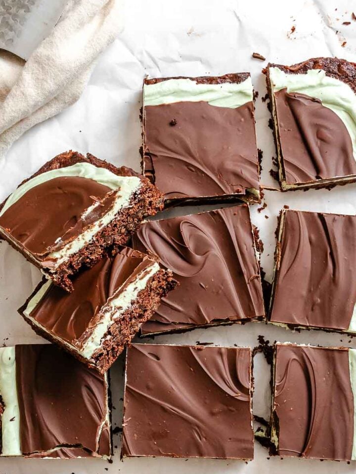 Completed Peppermint Chocolate Brownies on a white surface.