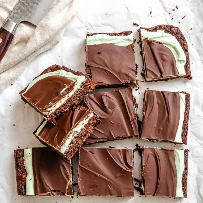 Completed Peppermint Chocolate Brownies on a white surface.