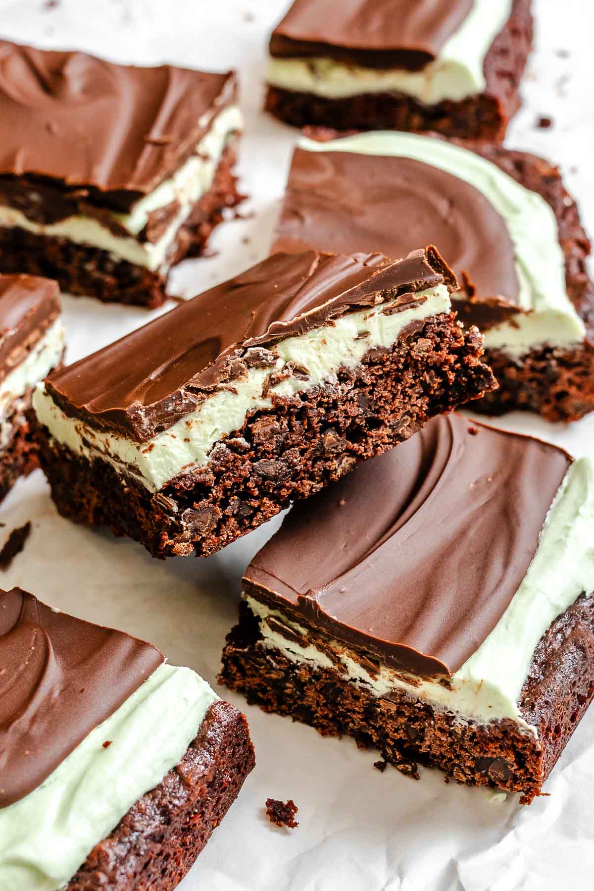 Completed Peppermint Chocolate Brownies on a white surface.