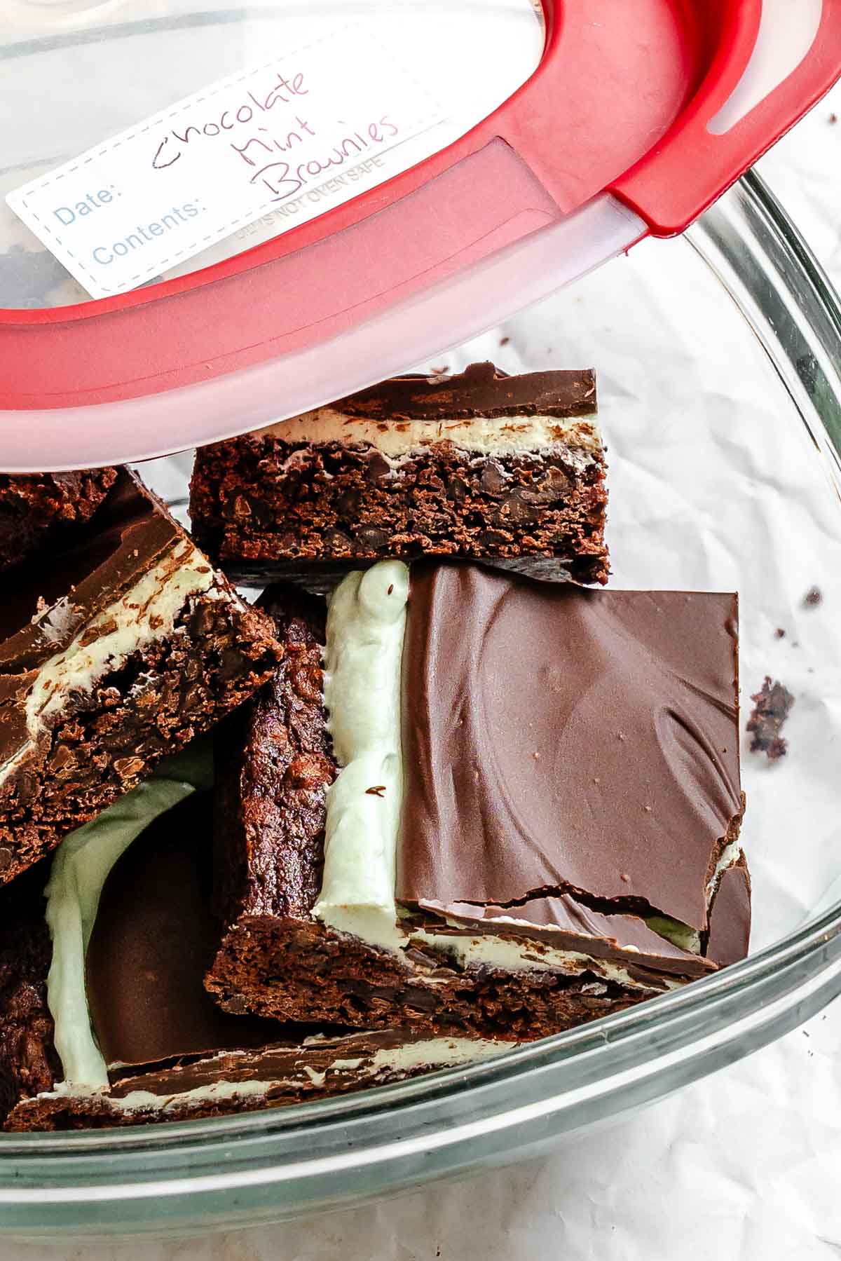 Completed Peppermint Chocolate Brownies in a storage container.