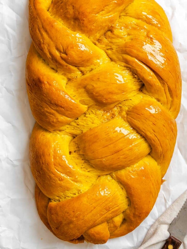 Completed Vegan Challah on white surface.
