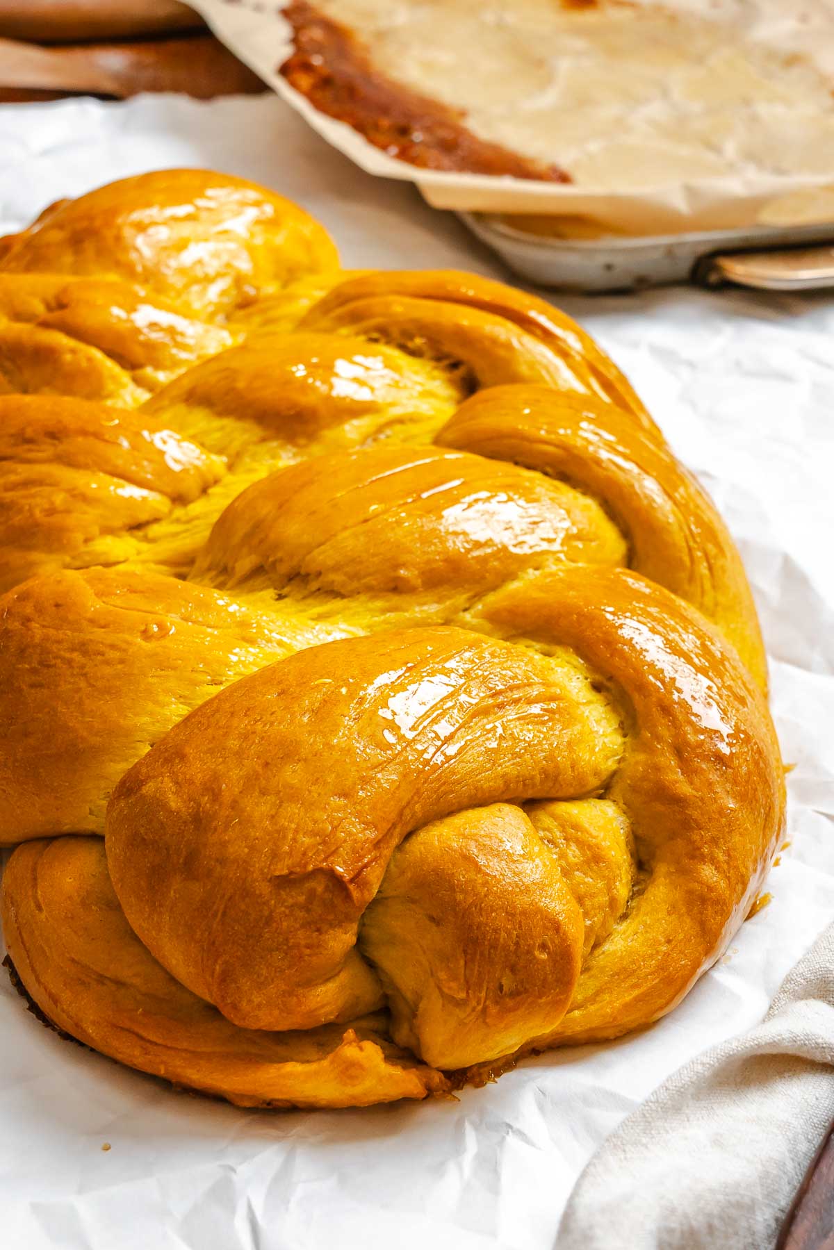 Completed Vegan Challah on white surface.