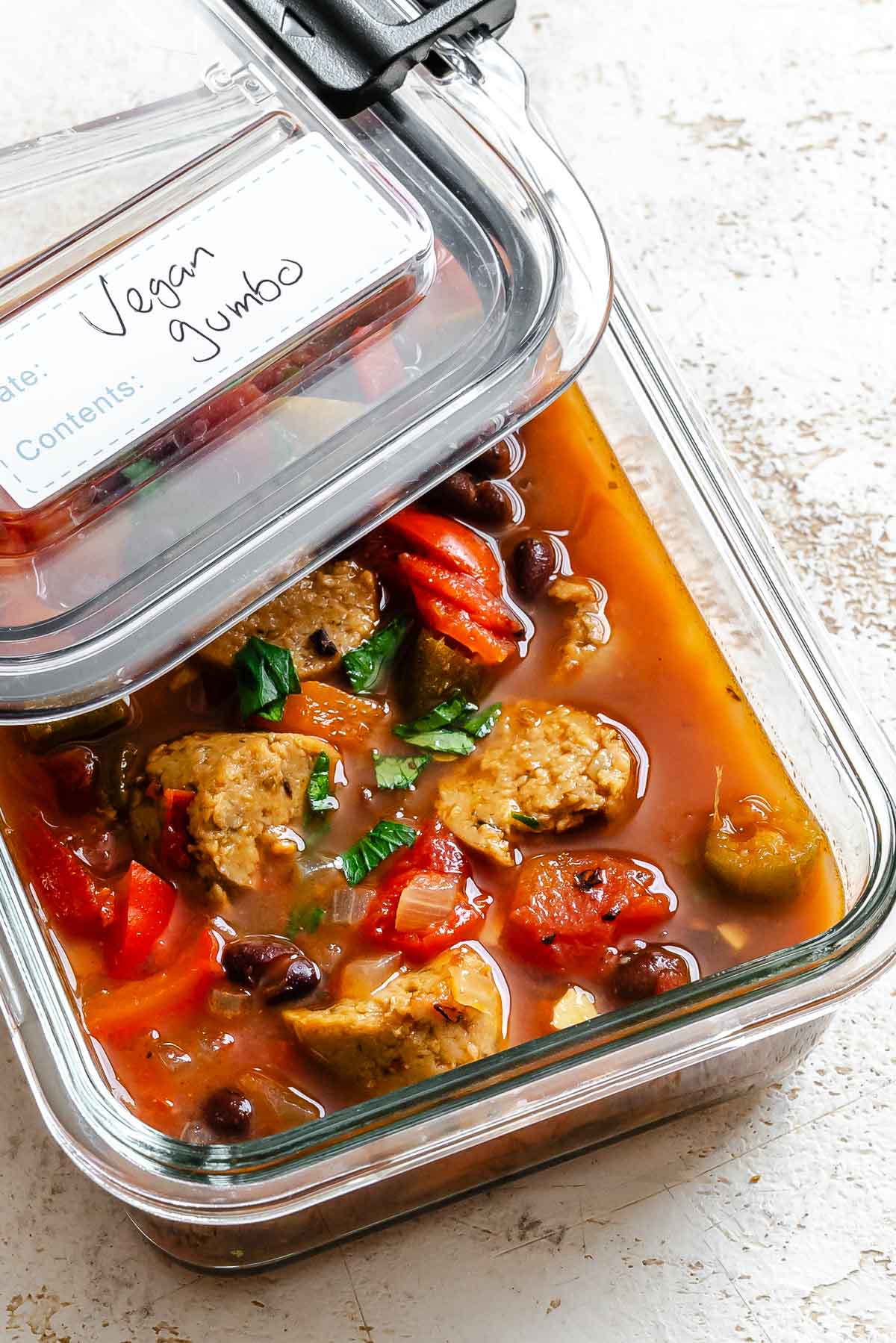 Completed Quick Vegan Gumbo in a storage container.