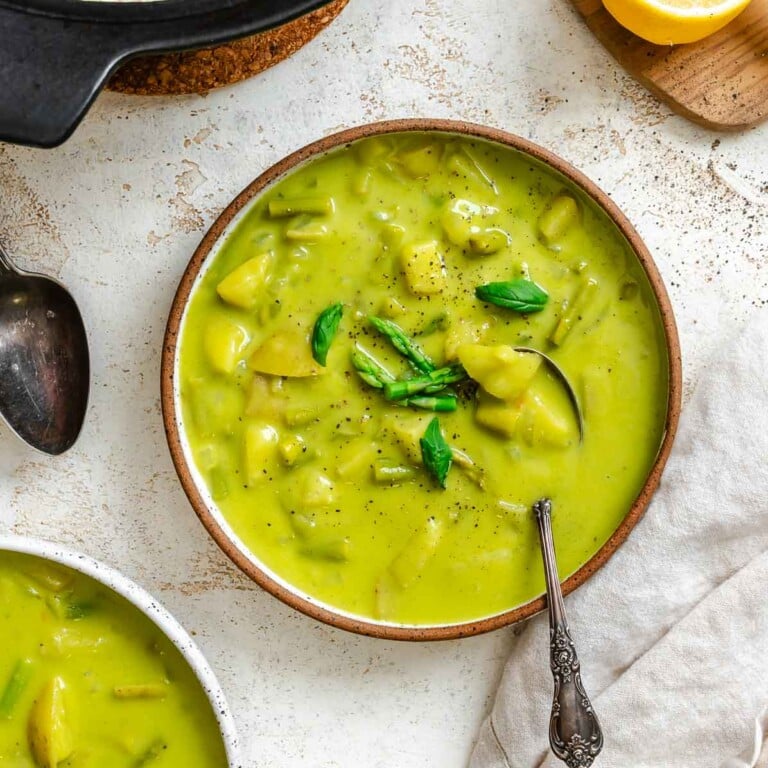 Completed Potato Asparagus Soup in a bowl.