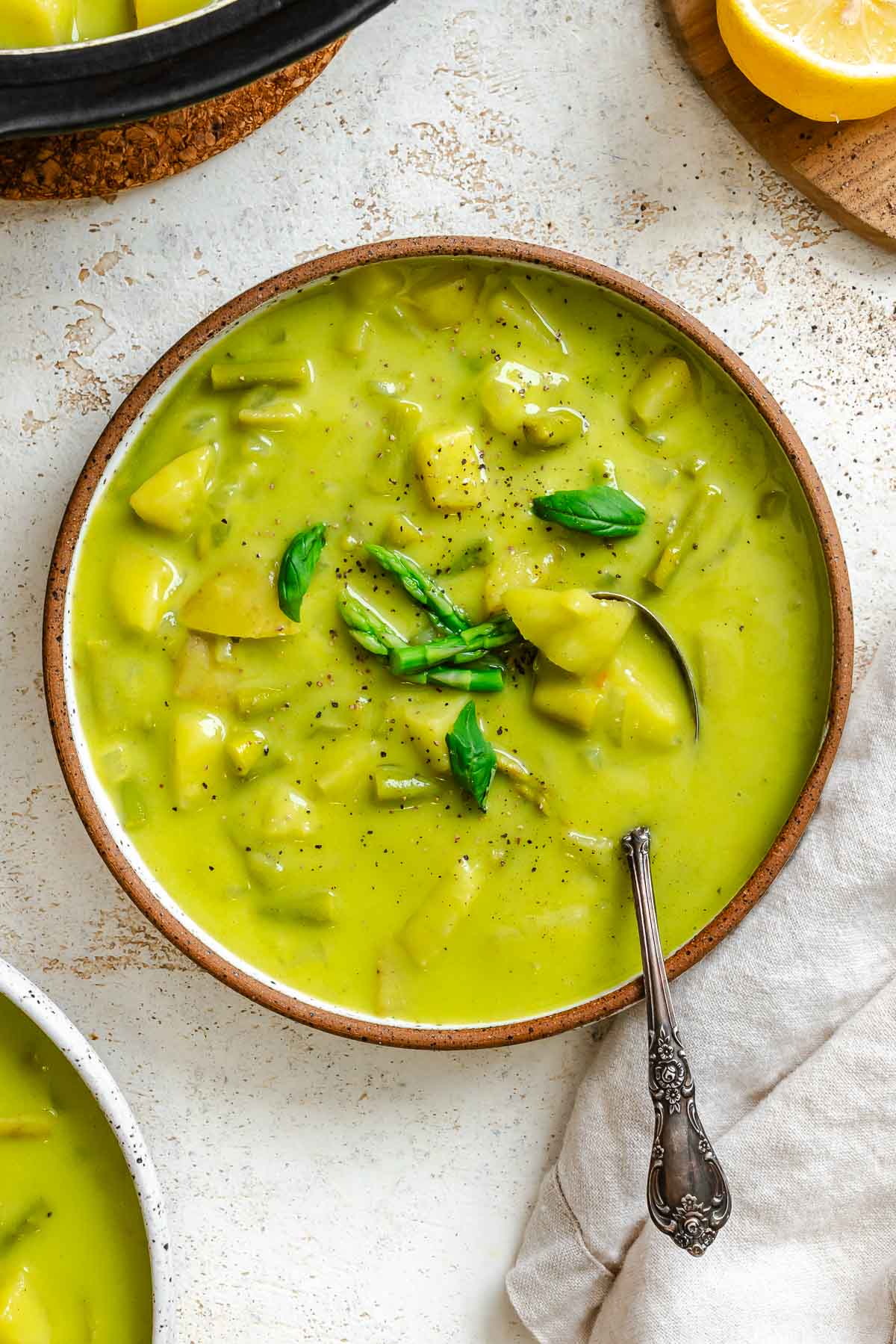Completed Potato Asparagus Soup in a bowl.