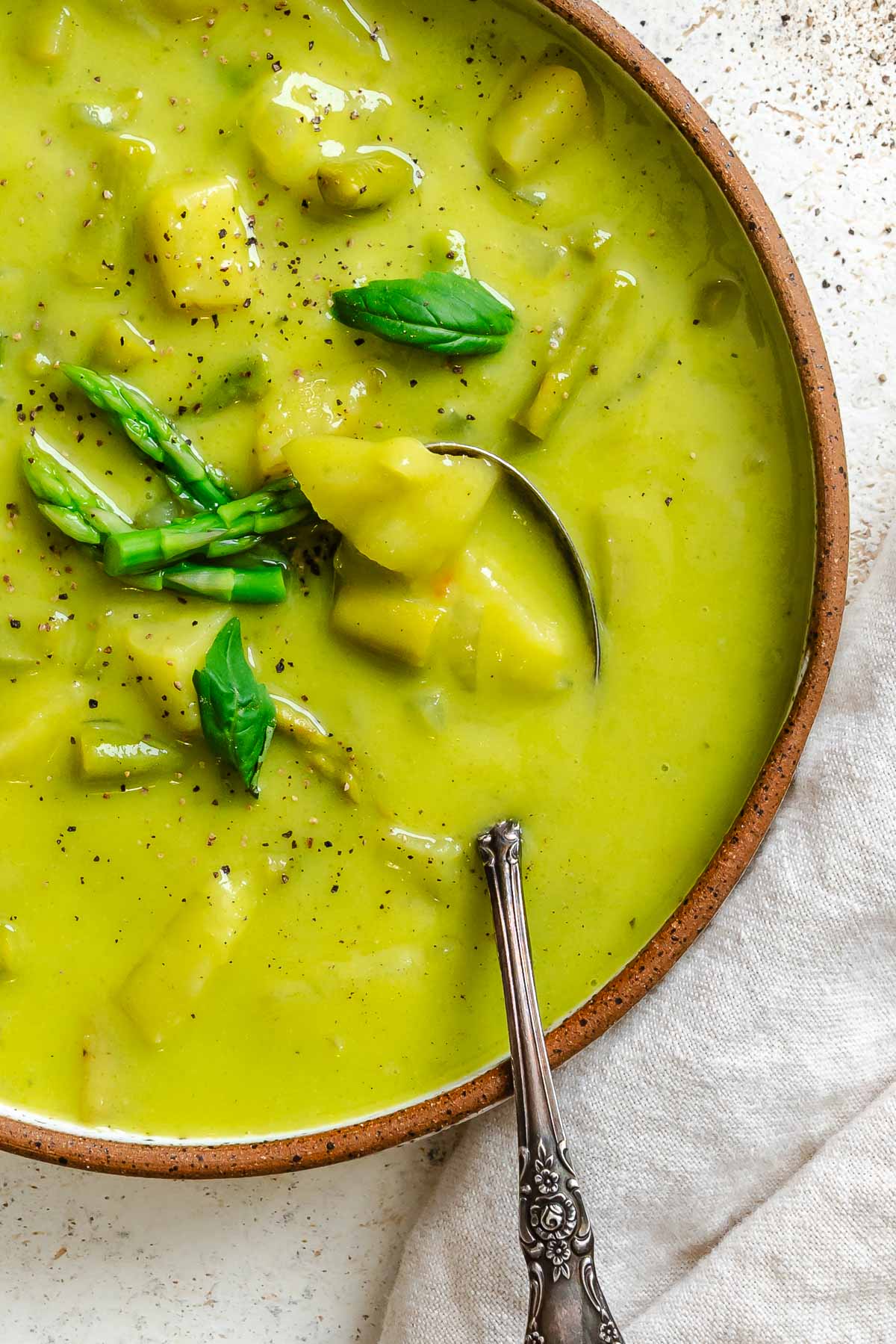 Completed Potato Asparagus Soup in a bowl.