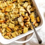 Completed Easy Vegan Stuffing in a baking dish.