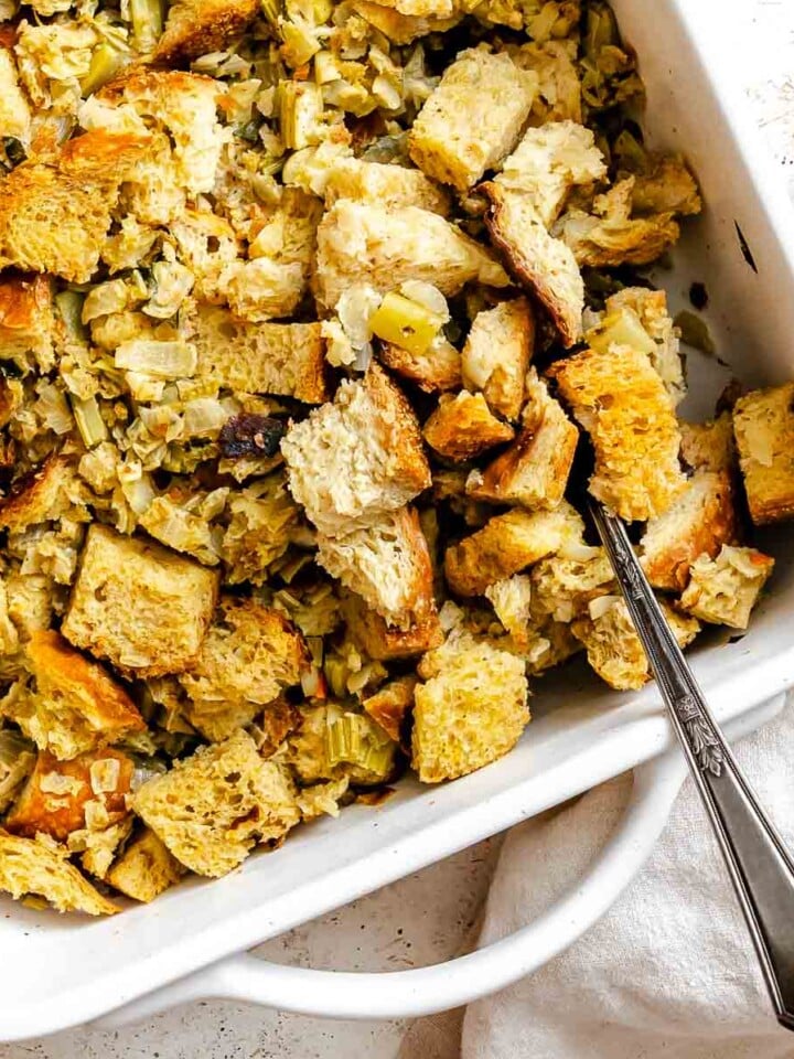 Completed Easy Vegan Stuffing in a baking dish.