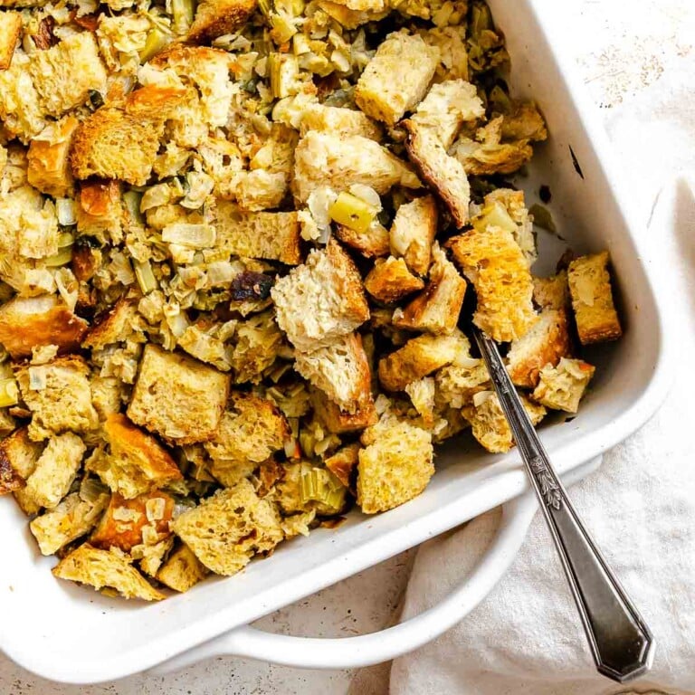 Completed Easy Vegan Stuffing in a baking dish.
