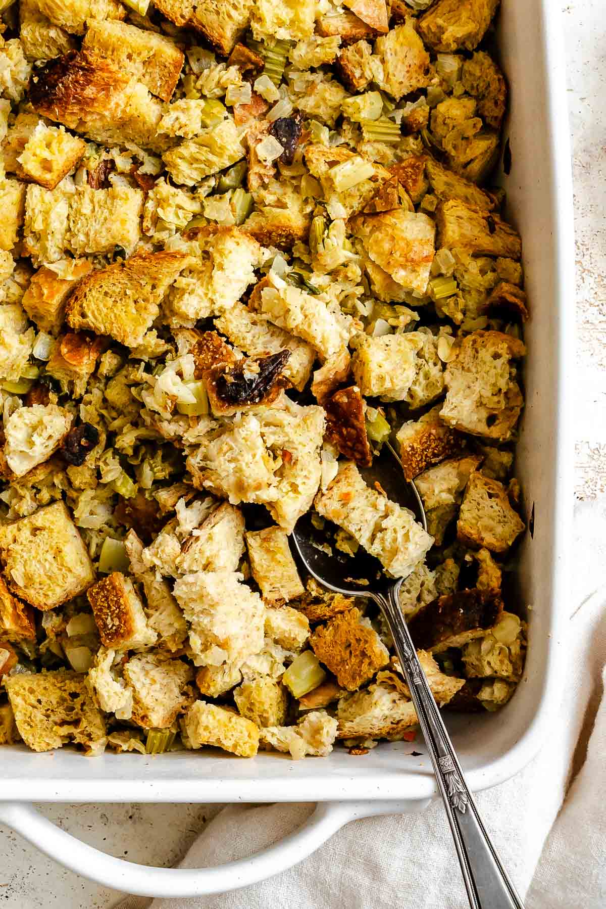 Completed Easy Vegan Stuffing in a baking dish.