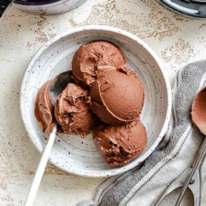 Completed scoops of Vegan Chocolate Ice Cream (Ninja Creami) in a bowl.