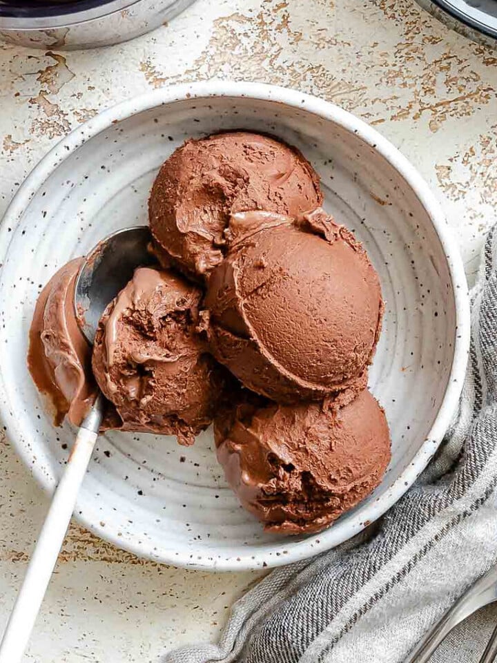 Completed scoops of Vegan Chocolate Ice Cream (Ninja Creami) in a bowl.