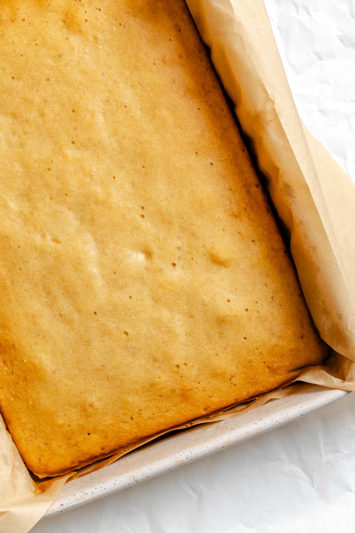 Completed Vegan Sheet Cake (Vanilla) in baking sheet pan.