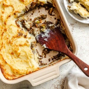 Completed Vegan Lentil Shepherd's Pie in baking dish. a