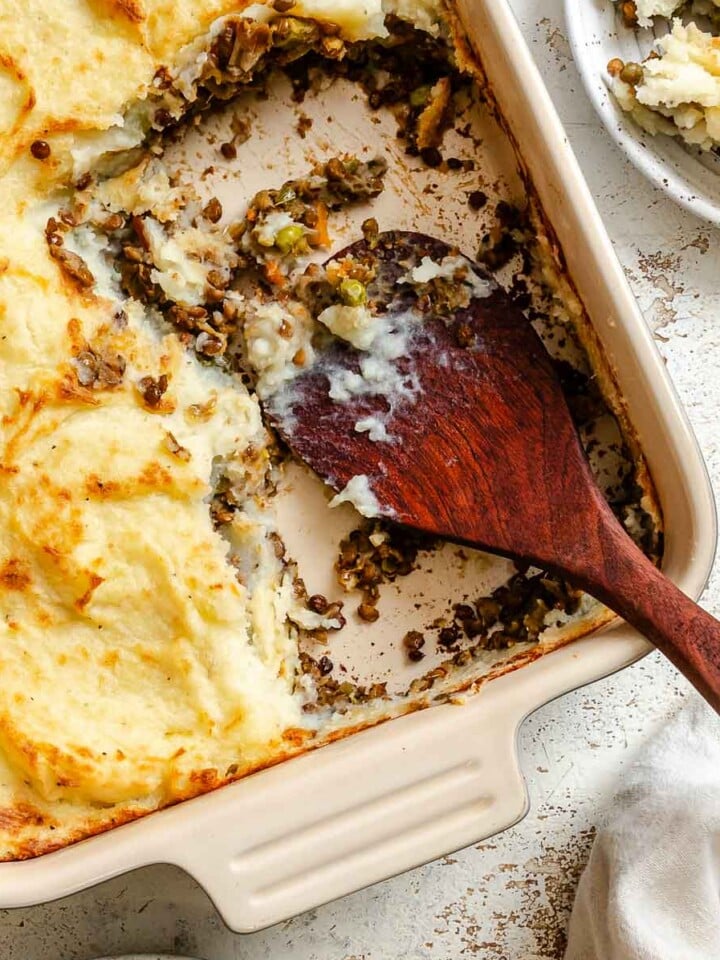 Completed Vegan Lentil Shepherd's Pie in baking dish. a