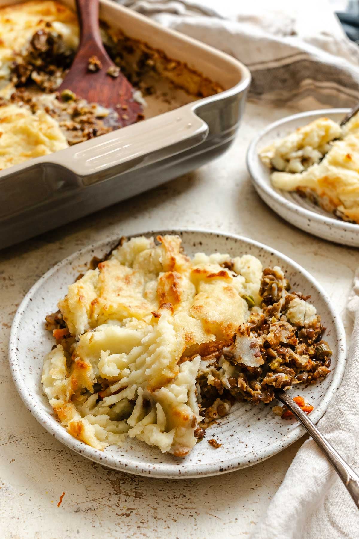 Completed Vegan Lentil Shepherd's Pie on a plate.
