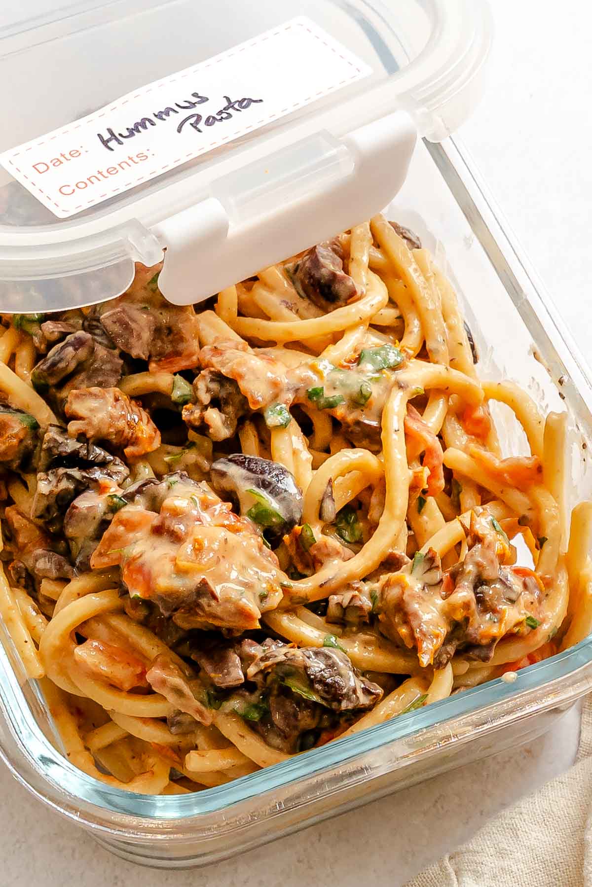 Completed Creamy Hummus Pasta in a storage container.