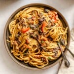 Completed Creamy Hummus Pasta on a plate.