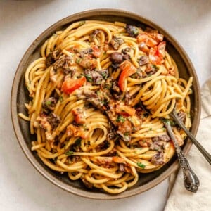 Completed Creamy Hummus Pasta on a plate.