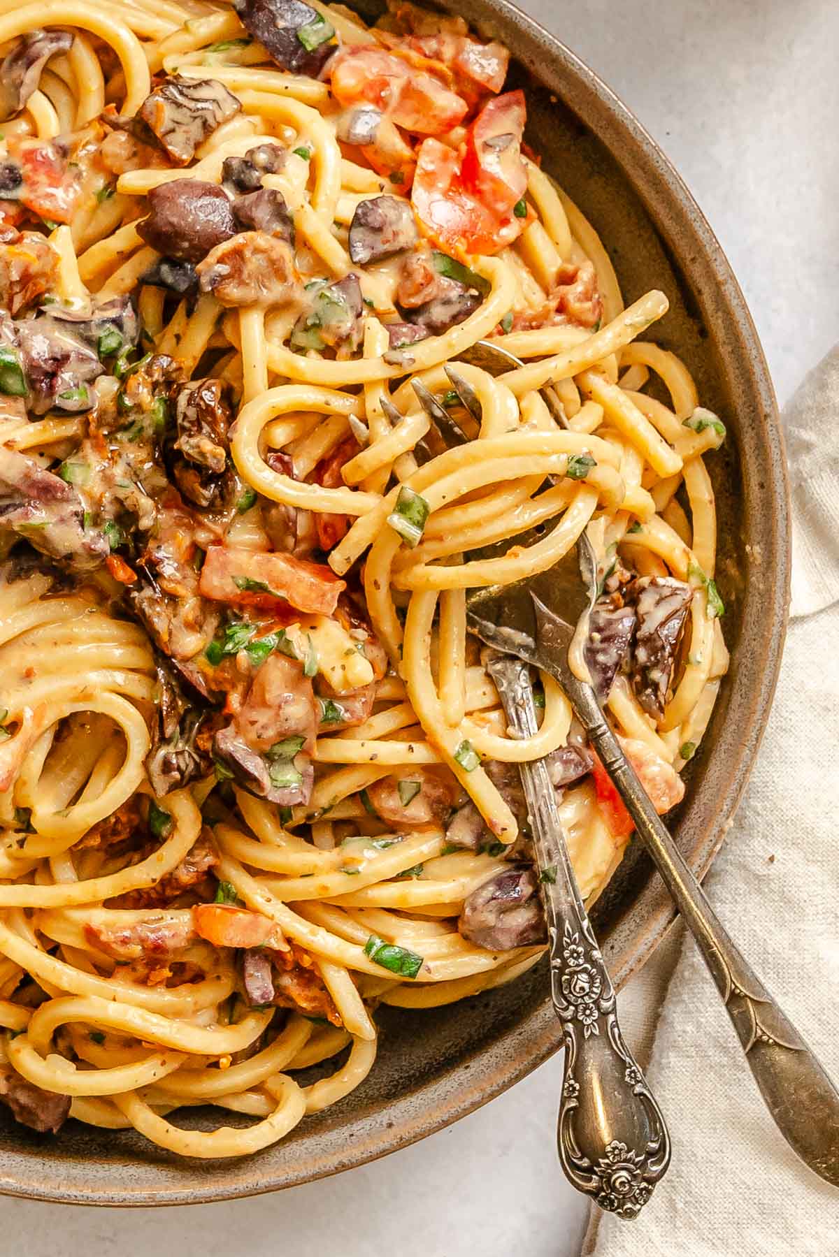 Completed Creamy Hummus Pasta on a plate.
