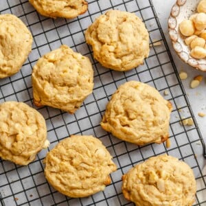 Completed White Chocolate Macadamia Nut Cookies on a wire rack.