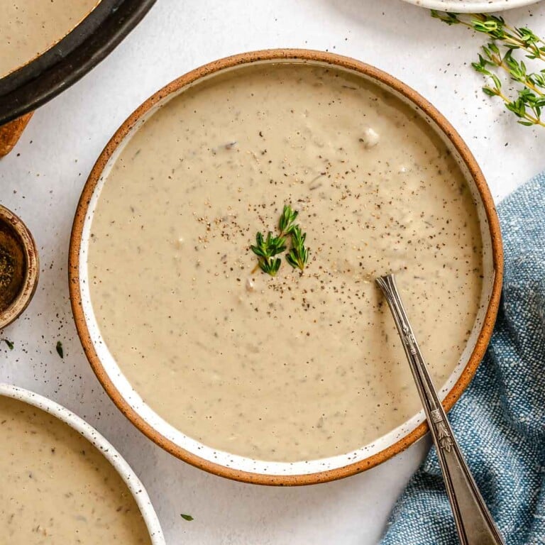 Completed Vegan Cream of Mushroom Soup in a bowl.