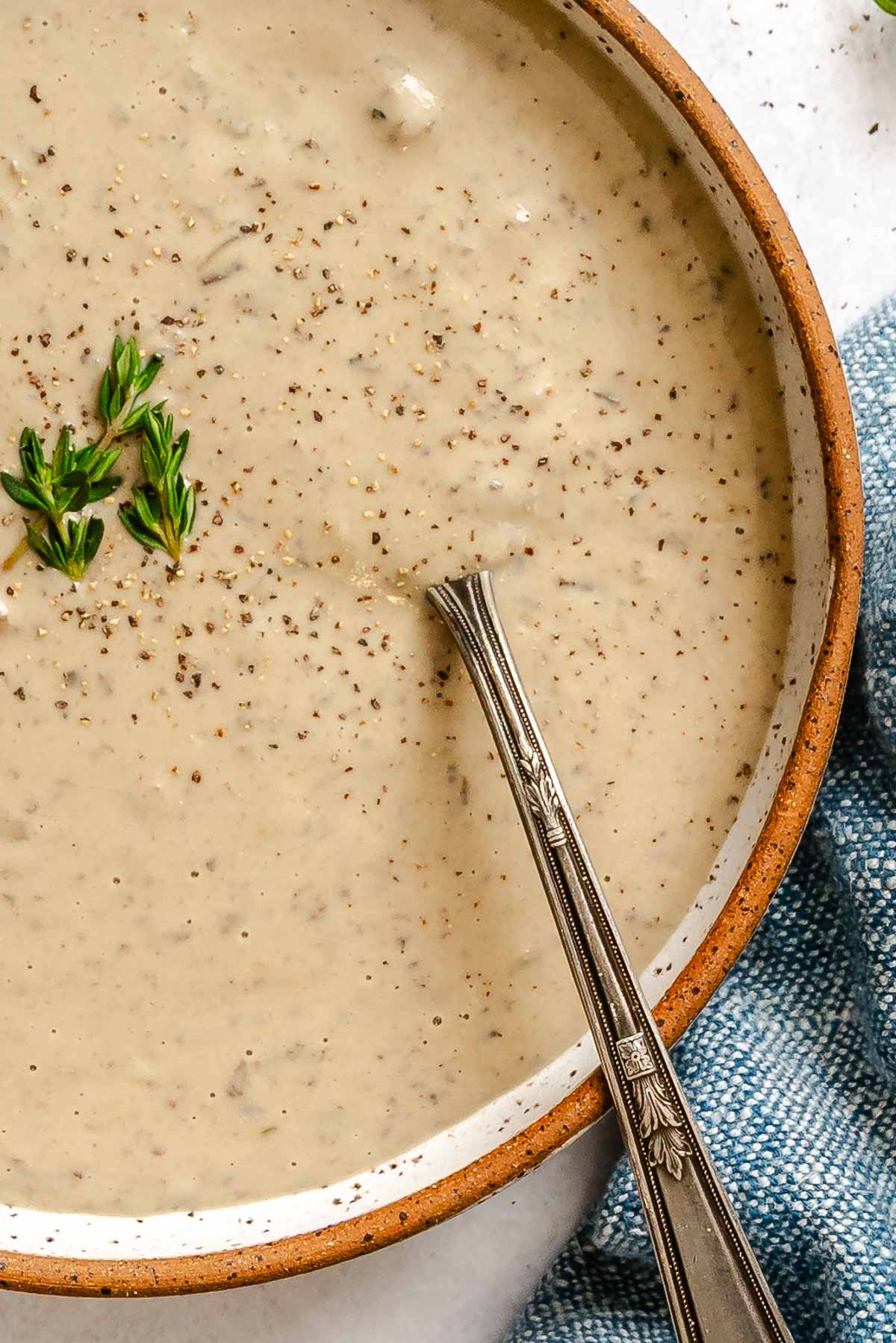 Completed Vegan Cream of Mushroom Soup in a bowl.