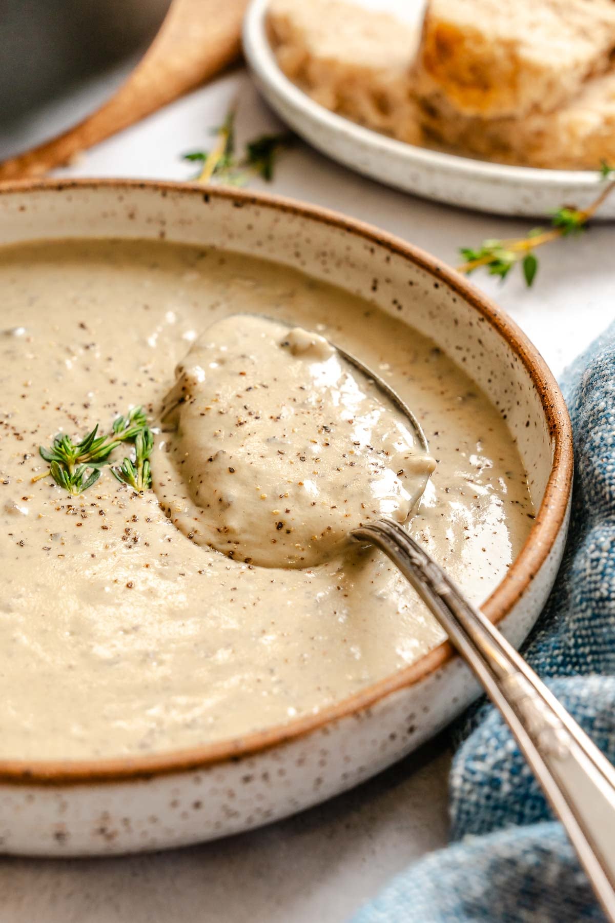 Completed Vegan Cream of Mushroom Soup in a bowl.