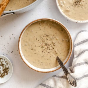 Completed Homemade Vegan Condensed Cream of Mushroom Soup in a bowl.
