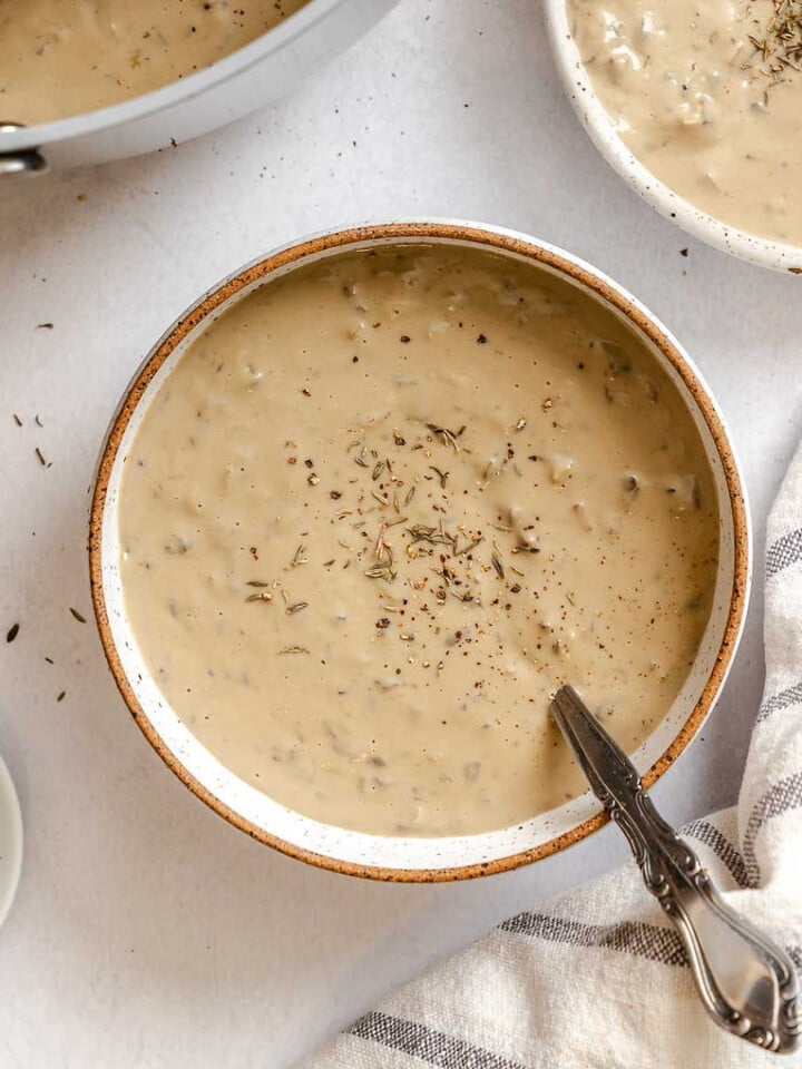 Completed Homemade Vegan Condensed Cream of Mushroom Soup in a bowl.