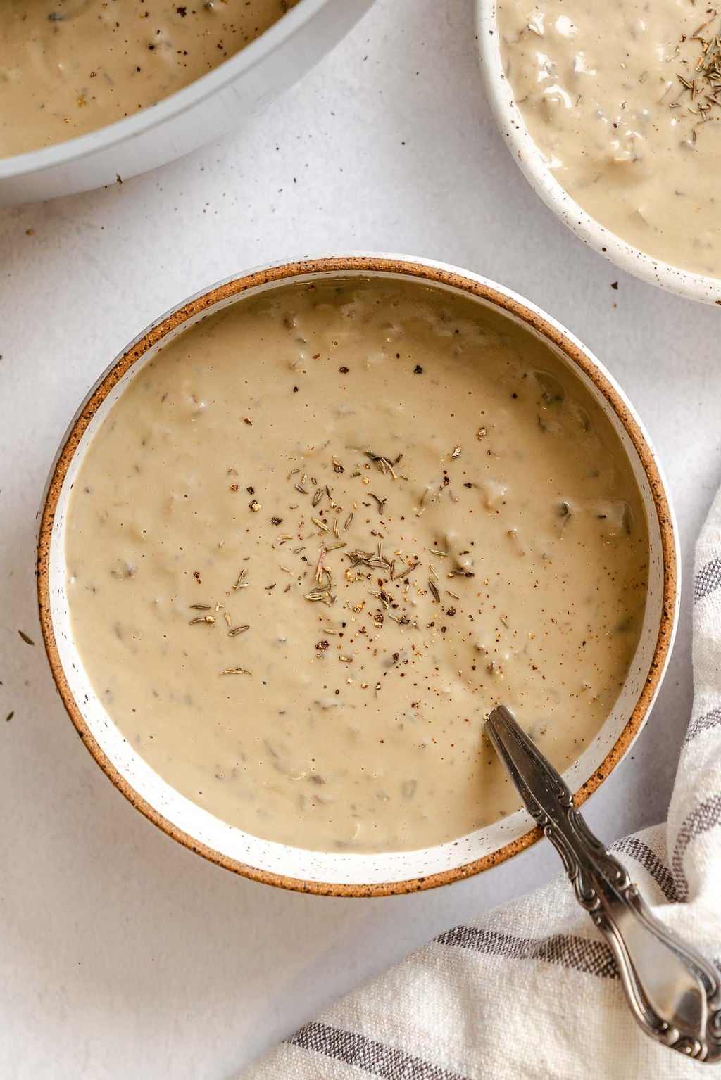 Completed Homemade Vegan Condensed Cream of Mushroom Soup in a bowl.