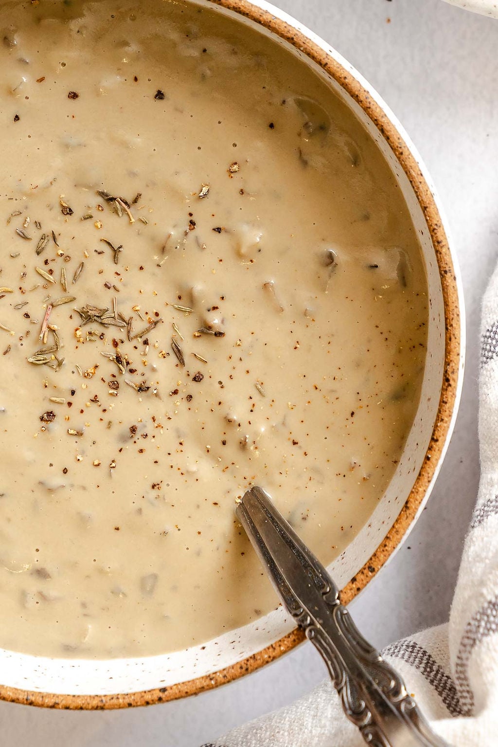 Completed Homemade Vegan Condensed Cream of Mushroom Soup in a bowl.