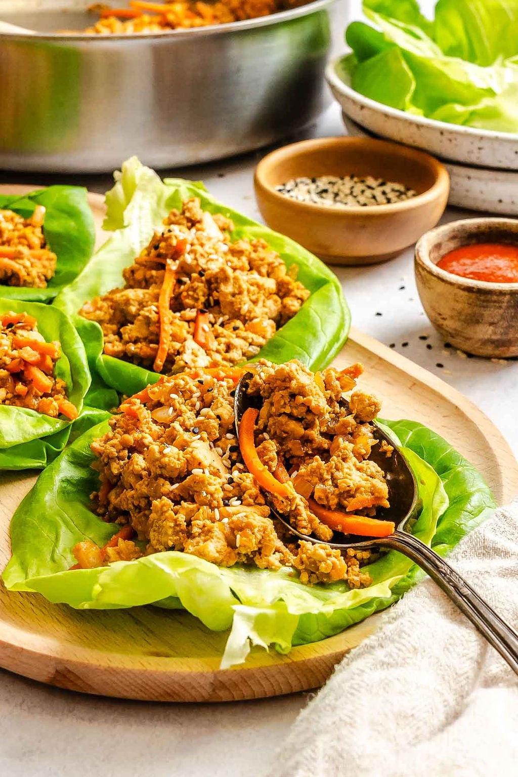 Completed Asian Tofu Lettuce Wraps on a serving platter.
