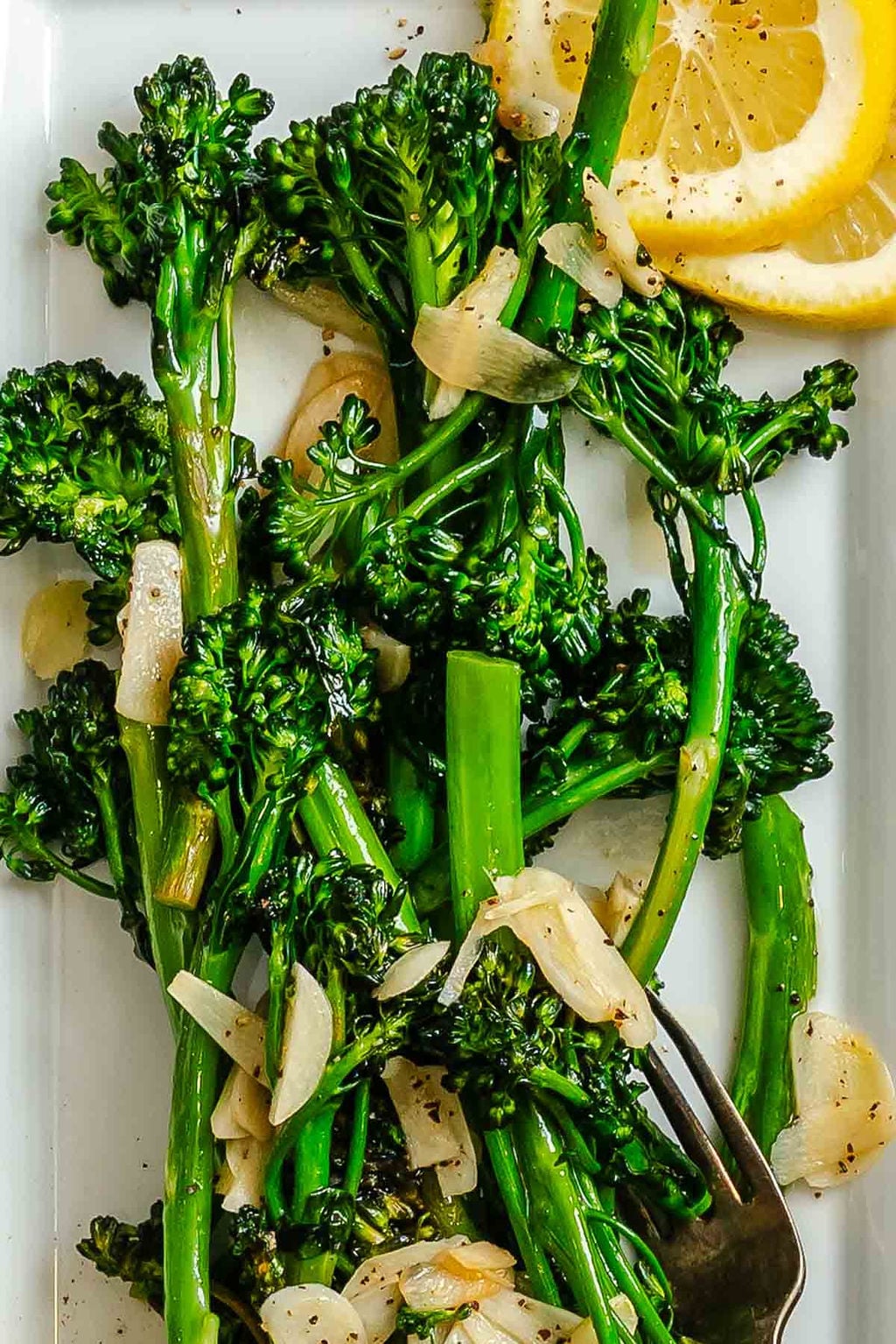 Completed Sautéed Broccolini on a baking dish.