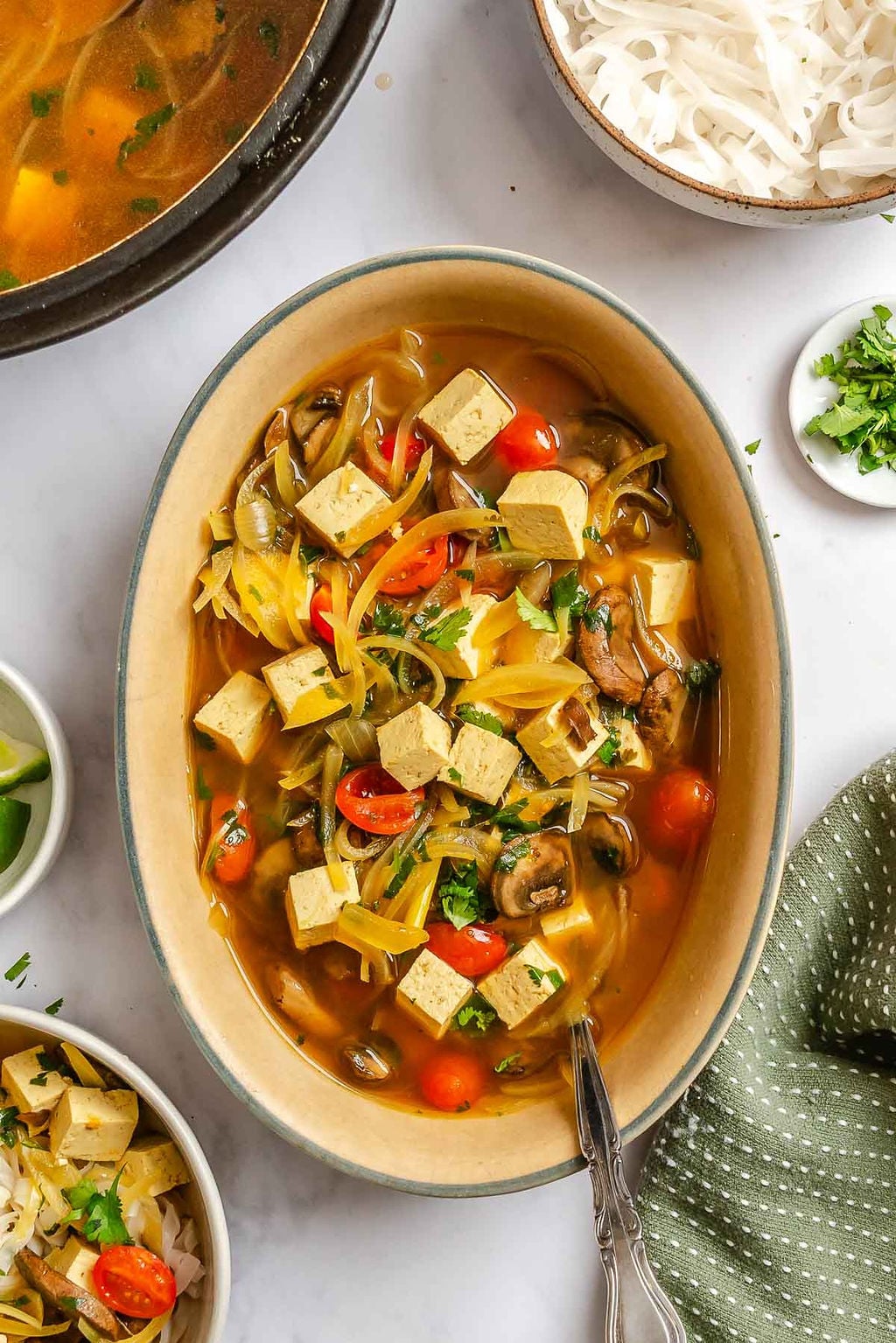 Completed Vegan Tom Yum Soup in a serving dish.