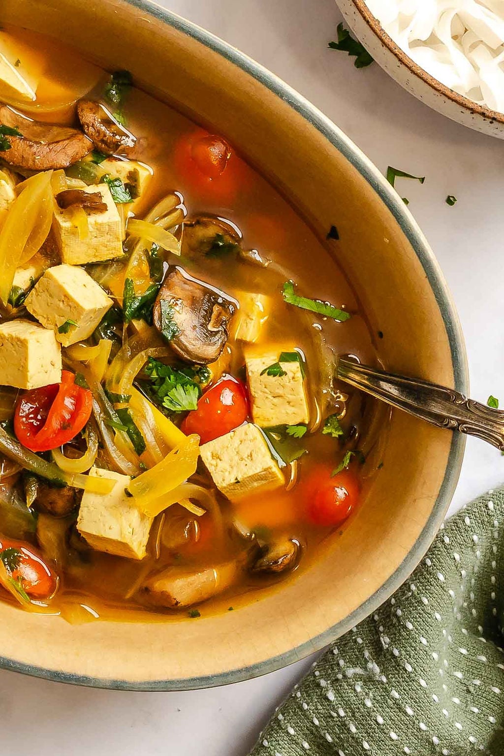 Completed Vegan Tom Yum Soup in a dish.