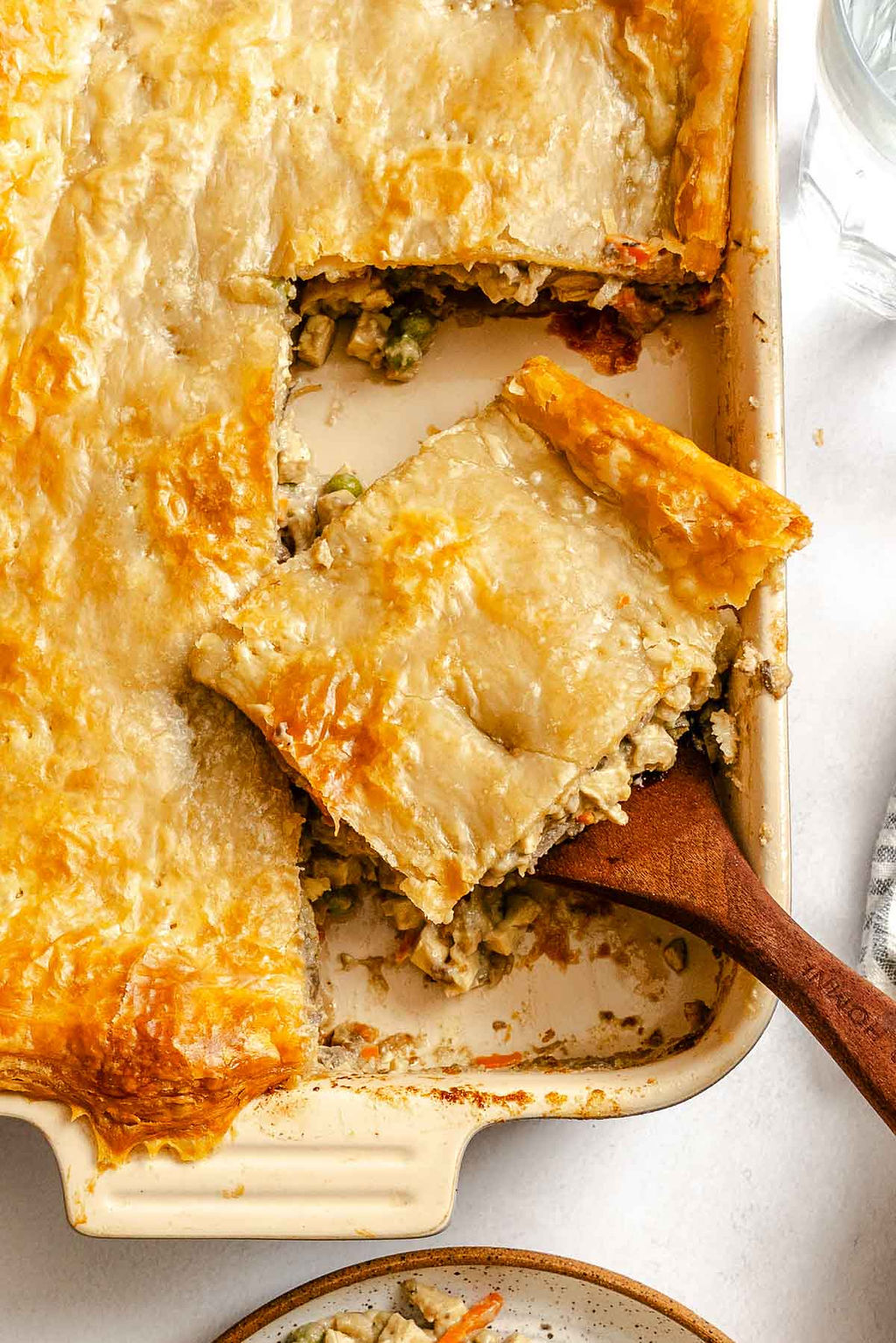 Completed Vegan Chicken Pot Pie (Casserole) in baking dish.