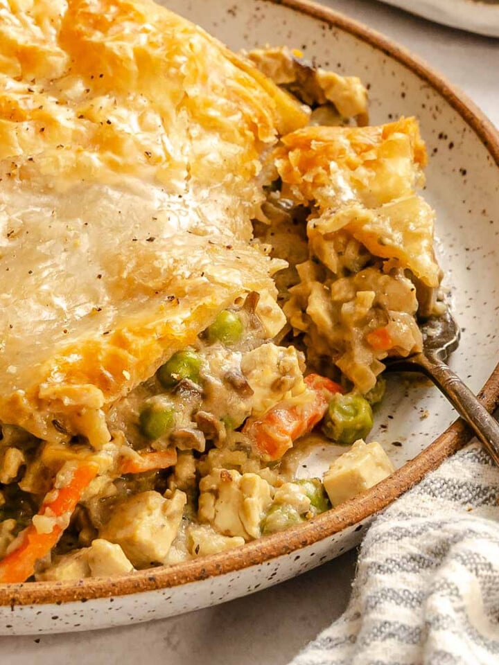 Completed Vegan Chicken Pot Pie (Casserole) on a plate.