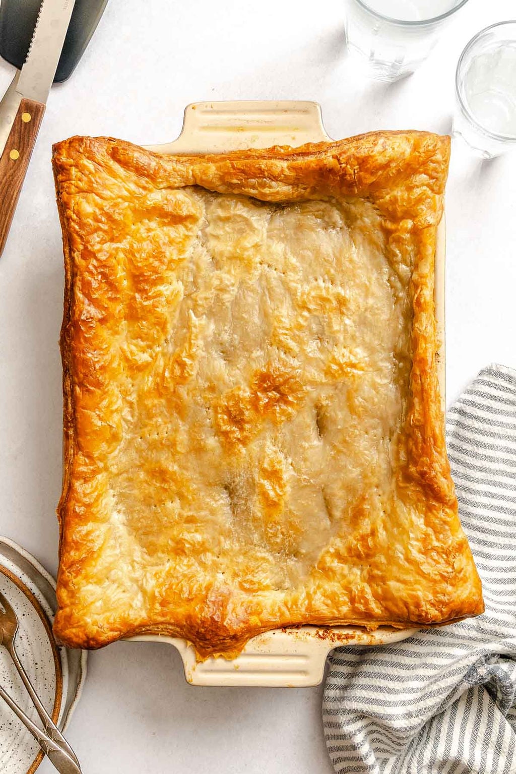 Completed Vegan Chicken Pot Pie (Casserole) in baking dish.