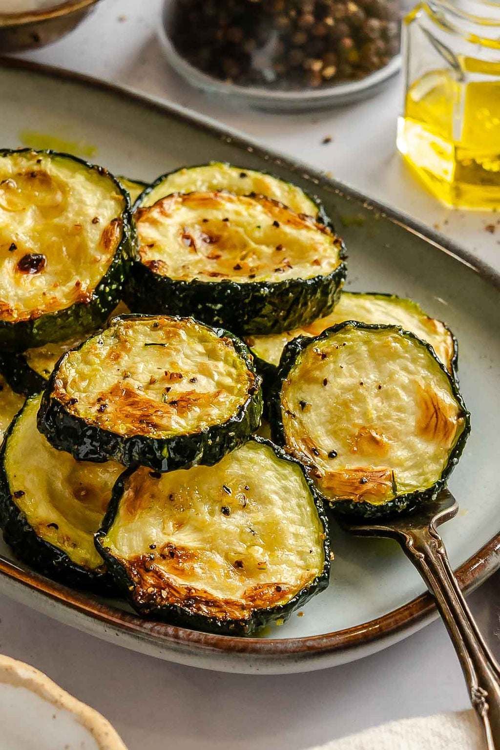 Completed Quick Air Fryer Zucchini on a plate. 