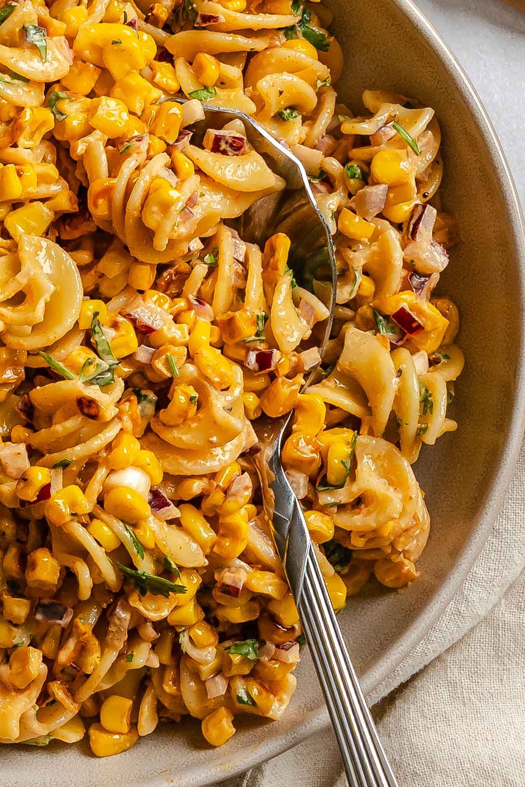 Completed Elote Pasta Salad (Mexican Street Corn) on a plate. 