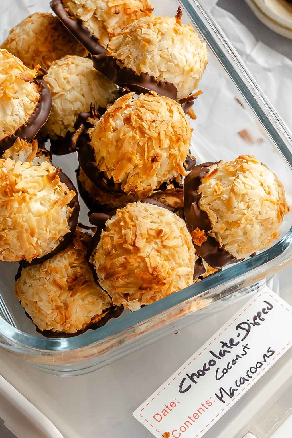 Completed Vegan Coconut Macaroons in a storage container.