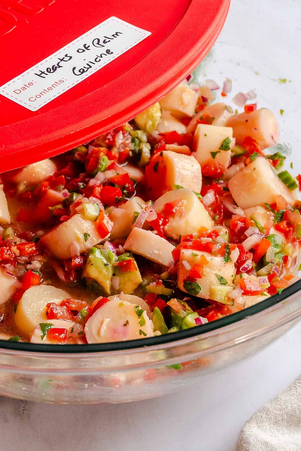 Completed Vegan Ceviche (Heart of Palm) in a storage container.
