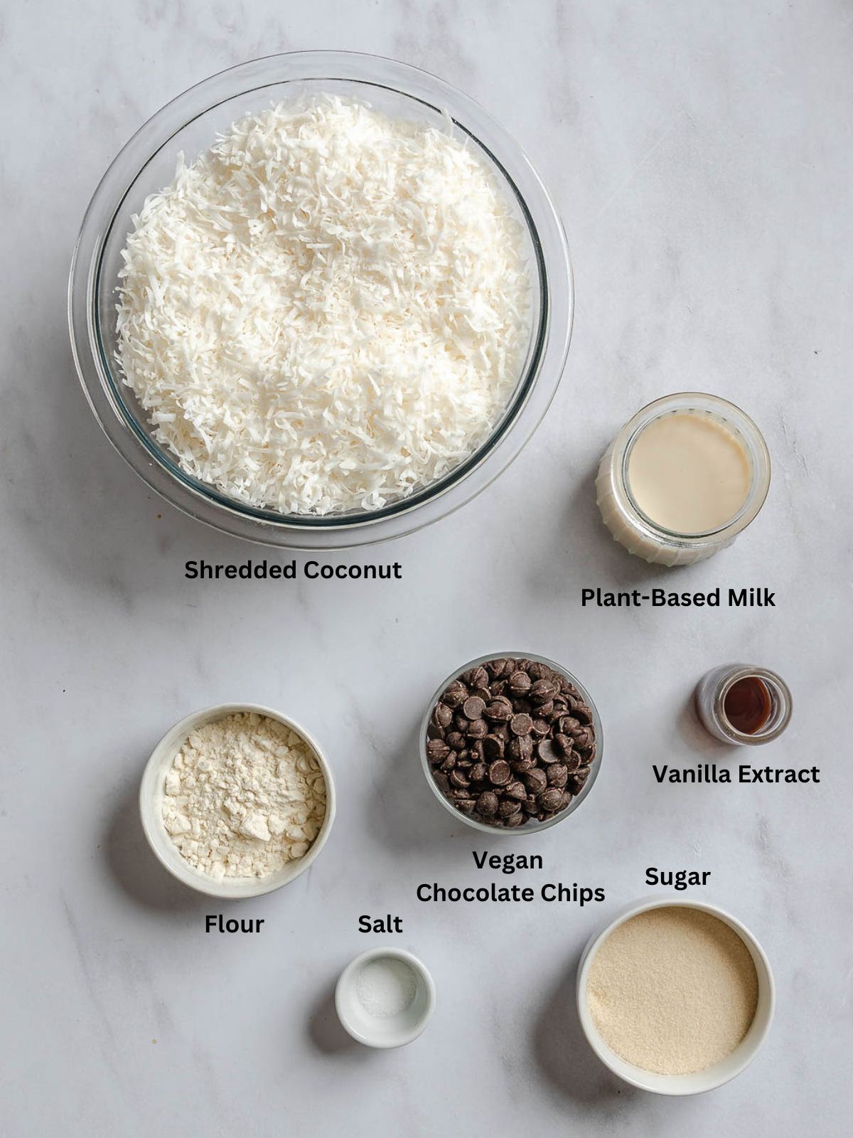 Ingredients for Vegan Coconut Macaroons measured out on a white surface.