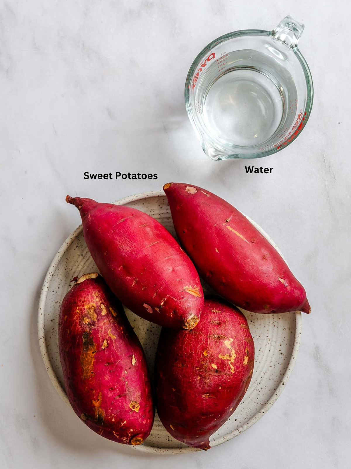 Ingredients for Instant Pot Sweet Potatoes measured out on a white surface.