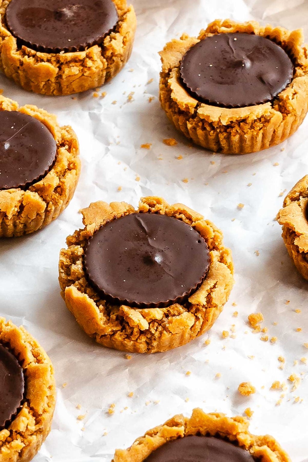 Completed Peanut Butter Cup Cookies on a white surface. 