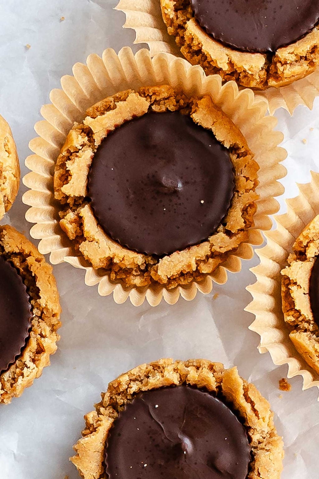 Completed Peanut Butter Cup Cookies on a white surface.