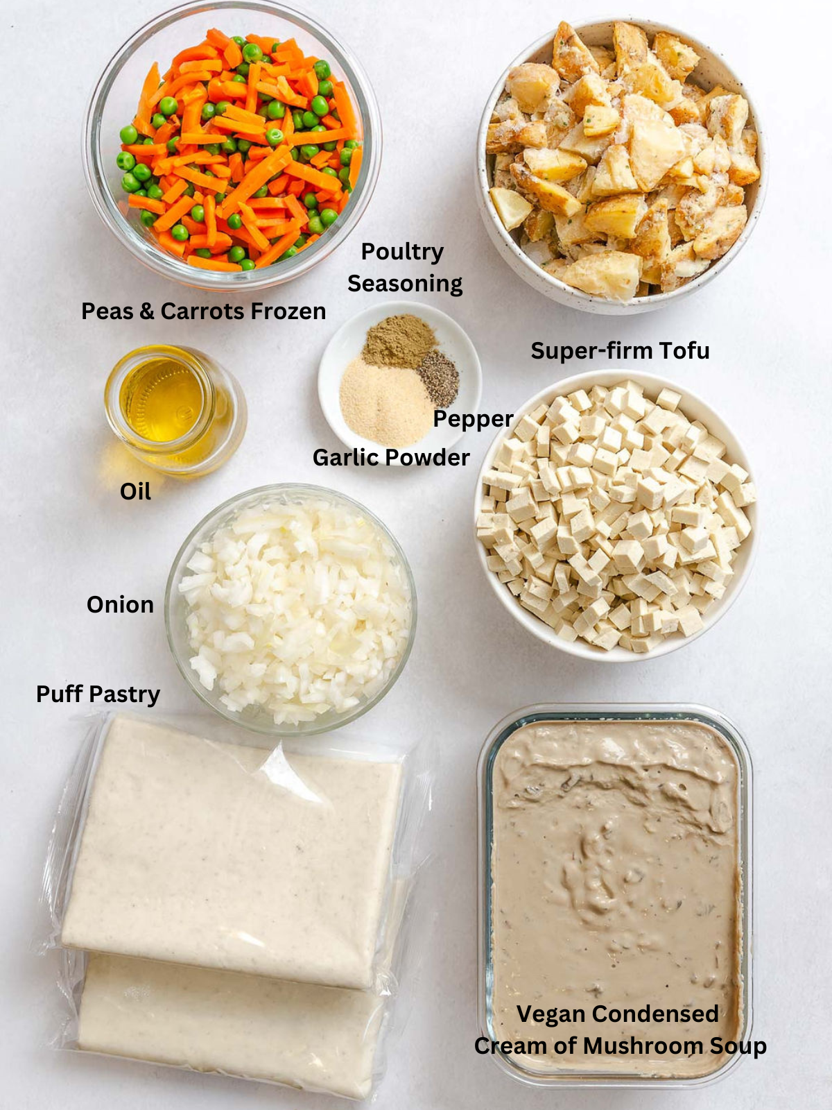 Ingredients for Vegan Chicken Pot Pie (Casserole) measured out on a white surface.